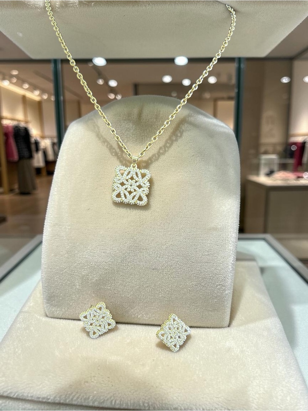 Loewe’s white gold Square Pendant Necklace with Matching Studs-fashion jewelry